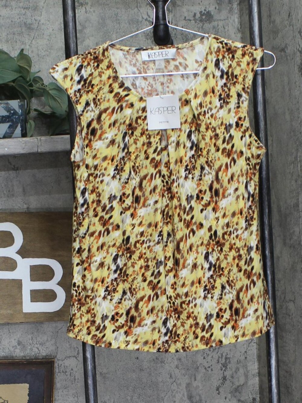 Kasper Yellow Printed Pleated Keyhole Knit Blouse Shirt Top Daffodil